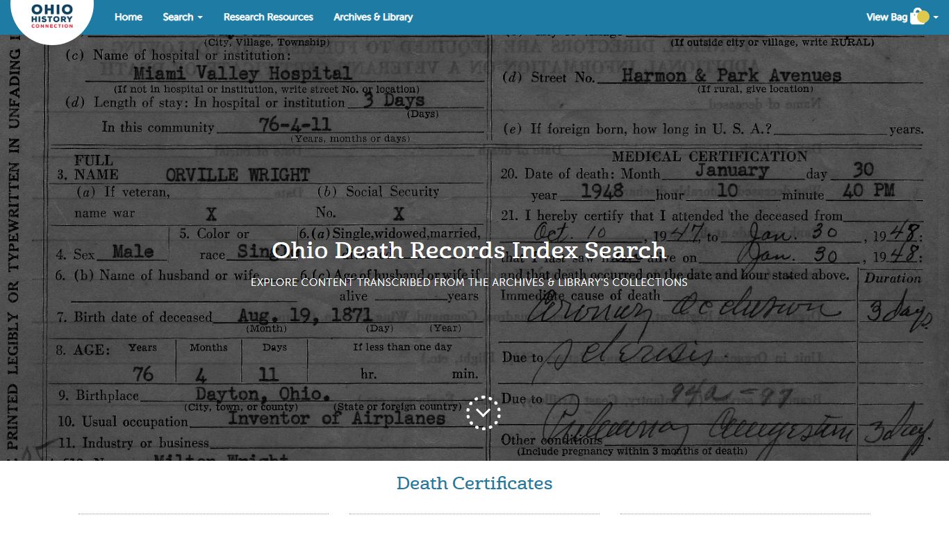 Ohio Death Record Index Search | Ohio History Connection